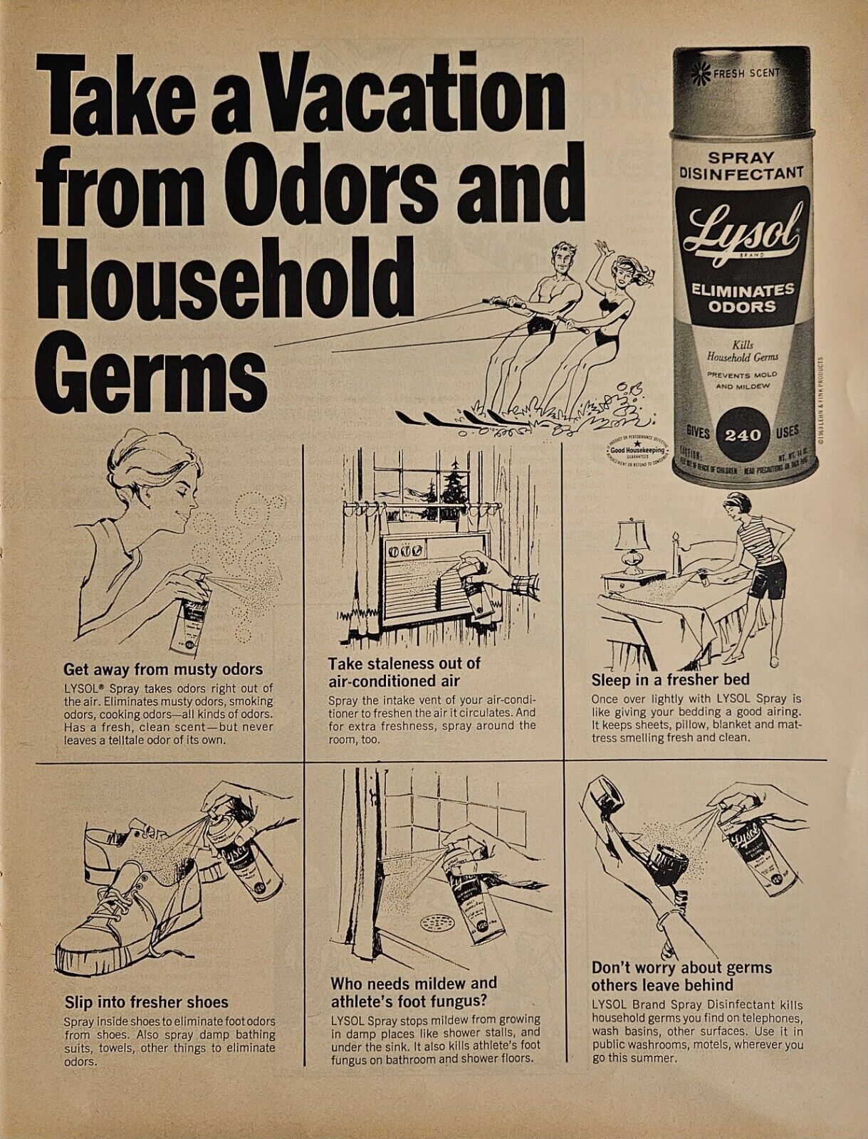 1969 Vacation from Odors Household Germs Lysol Vintage Print Ad Comic