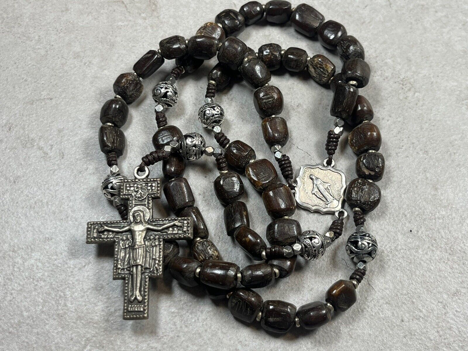 Handmade St Francis Assisi Rosary w/ San Damiano Vintage Crucifix African Beads