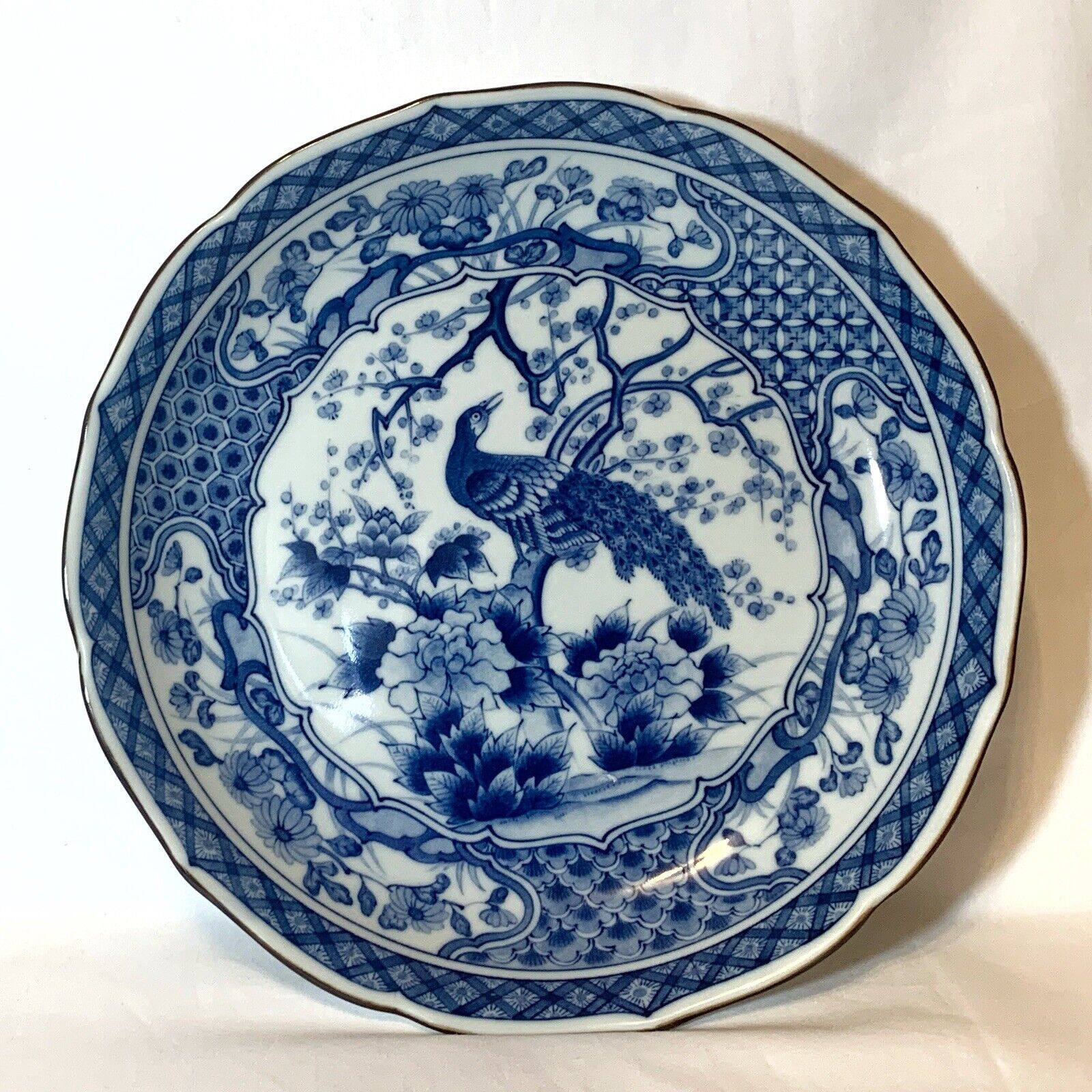 Vintage TOYO Japanese Blue White Porcelain Peacock Serving Dish 10 Inches