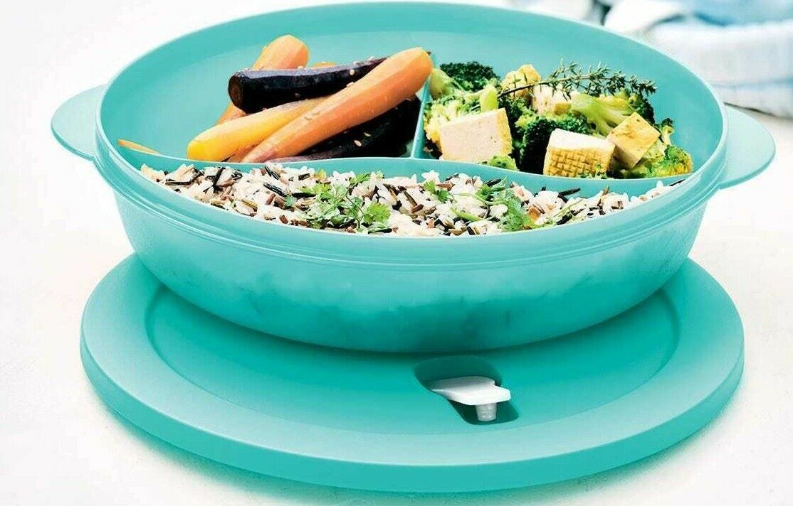 Tupperware Crystal Wave Divided Dish/Plate Large Round in Aqua/Blue NEW