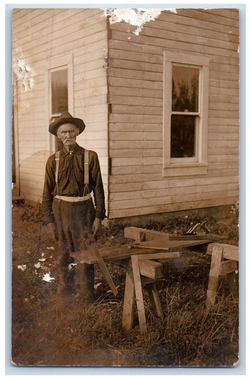 c1910's Postcard RPPC Photo Old Man Carpenter At Work Construction Antique
