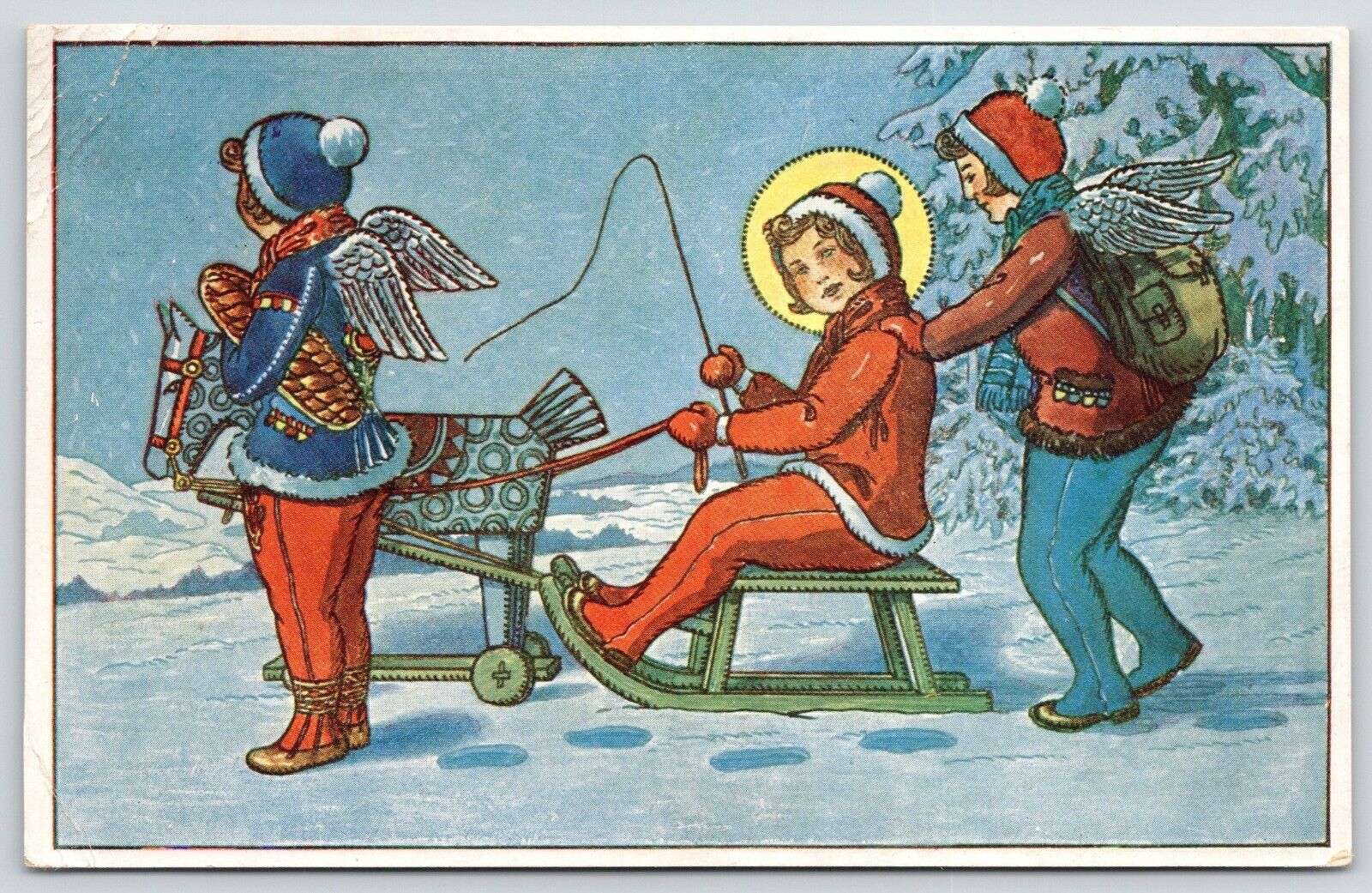 Czech Christmas Fantasy~Wooden Horse Pull Girl on Sled~Angels Push~ART DECO~1930