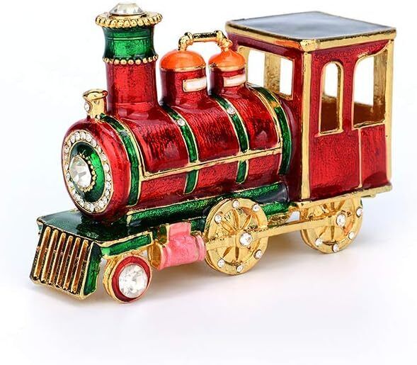 Mini Steam Train Jewelry Trinket Box Hinged Enameled Crystal Ornaments Gift