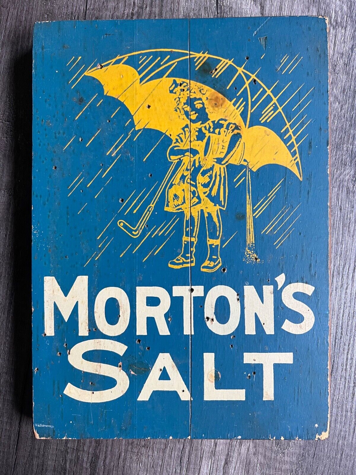 Vintage Wooden MORTON\'S SALT Sign Plaque Umbrella Girl Original Logo VTG