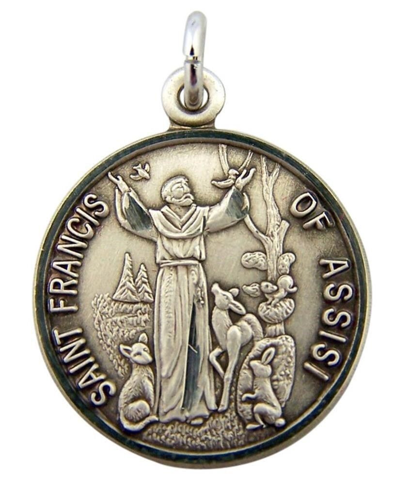 Saint St Francis of Assisi with Animals 7/8 Inch Sterling Silver Medal Pendant