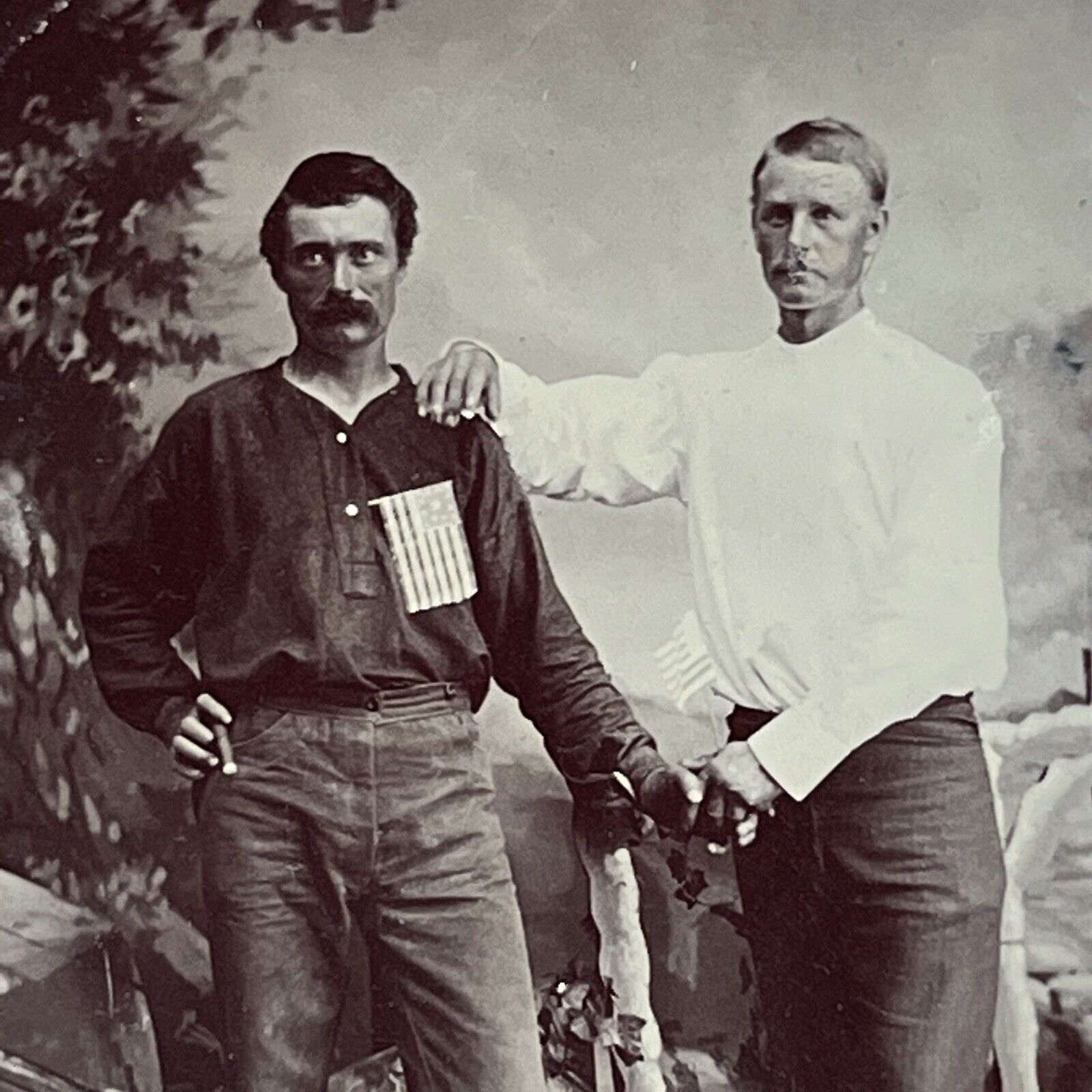 Antique Tintype Photograph Rugged Men Holding Hands UCV Flag Post Civil War