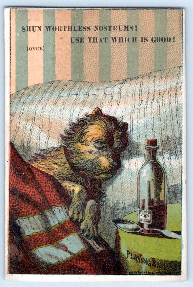 1880\'s PERRY DAVIS PAIN KILLER DOG PLAYING SICK BOTTLE OF MEDICINE QUACKERY CARD