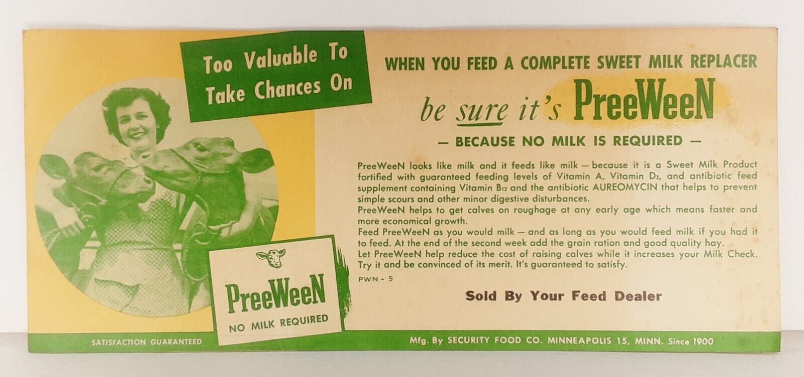 Advertisement PreeWeen Sweet Milk Replacer Security Food Company Mailer