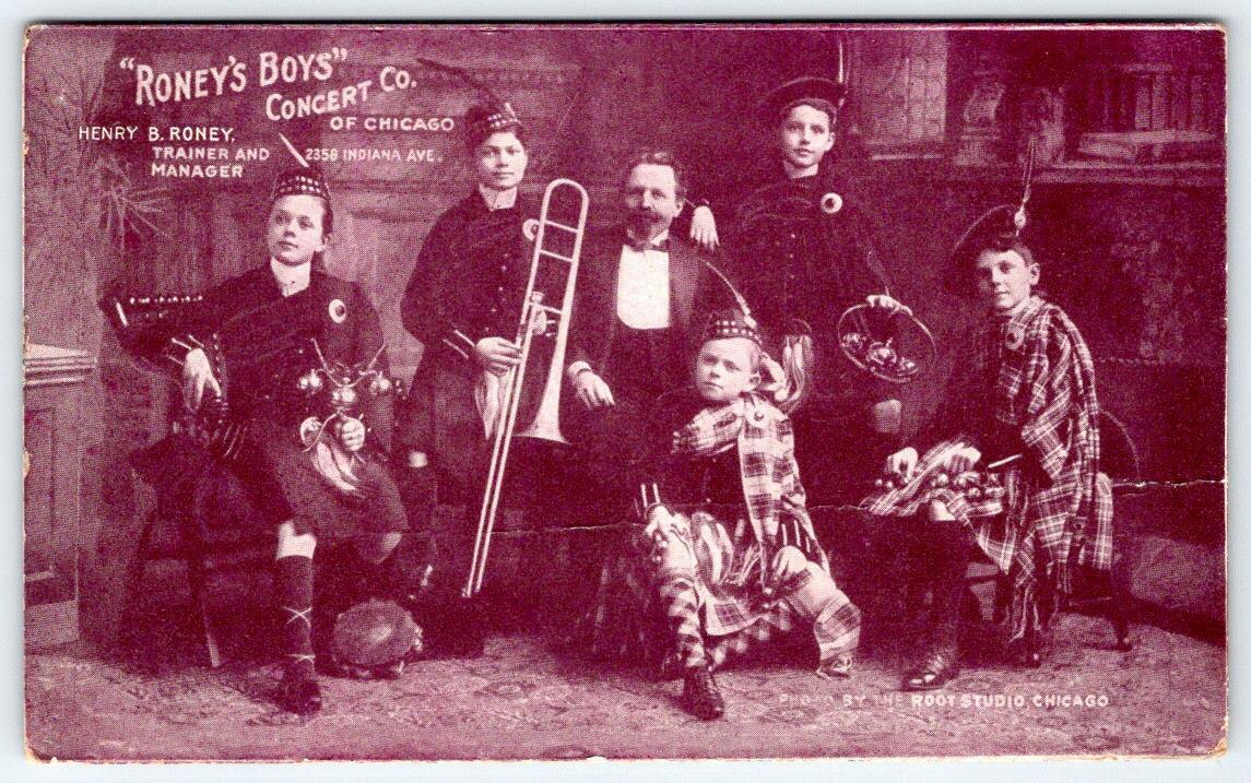 RONEY\'S BOYS CONCERT COMPANY OF CHICAGO BAND ADVERTISING POSTCARD 1910\'s ERA