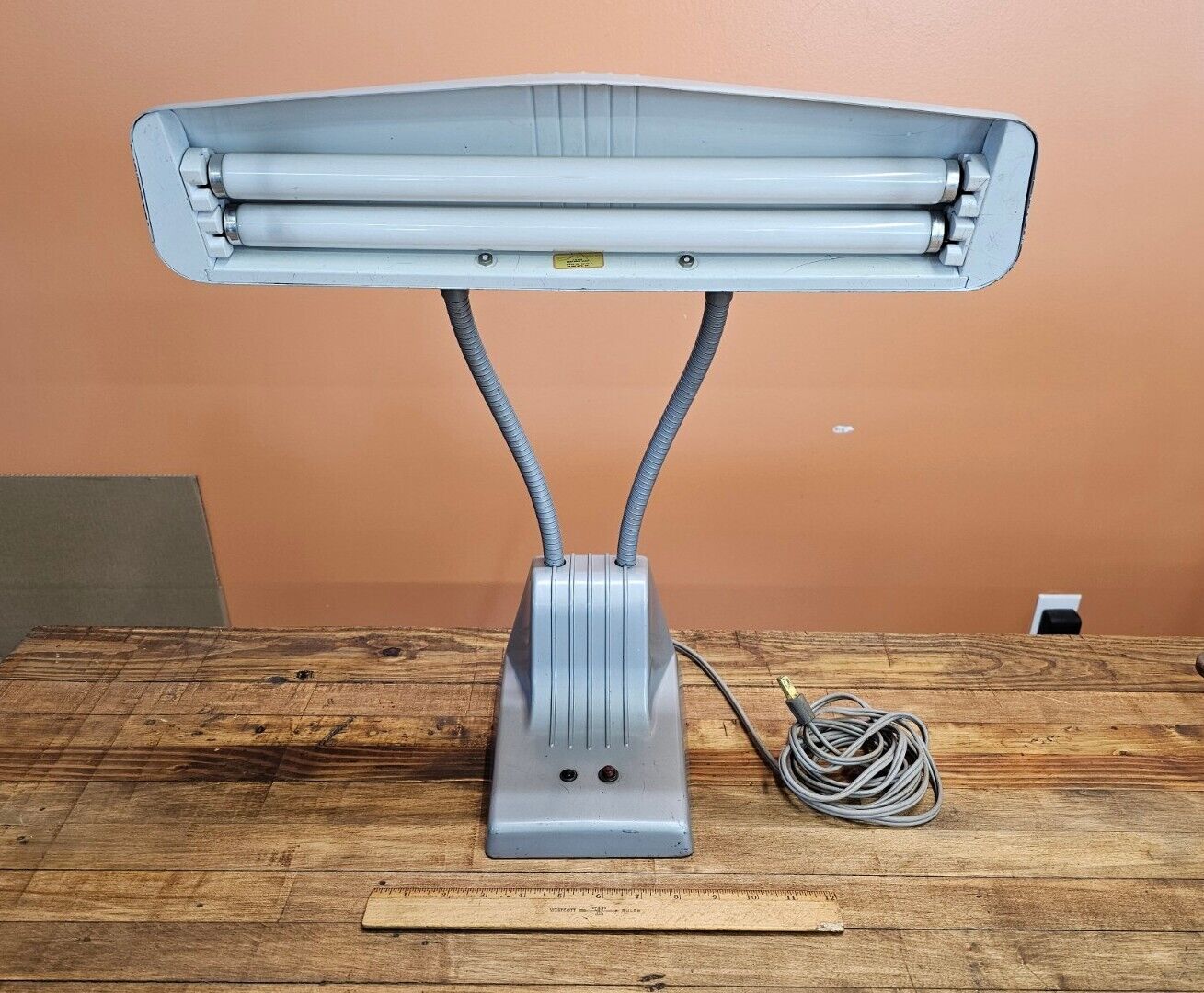 RARE Vintage Dazor Model 1000 Double Gooseneck ART DECO Desk Lamp GREY ☆USA