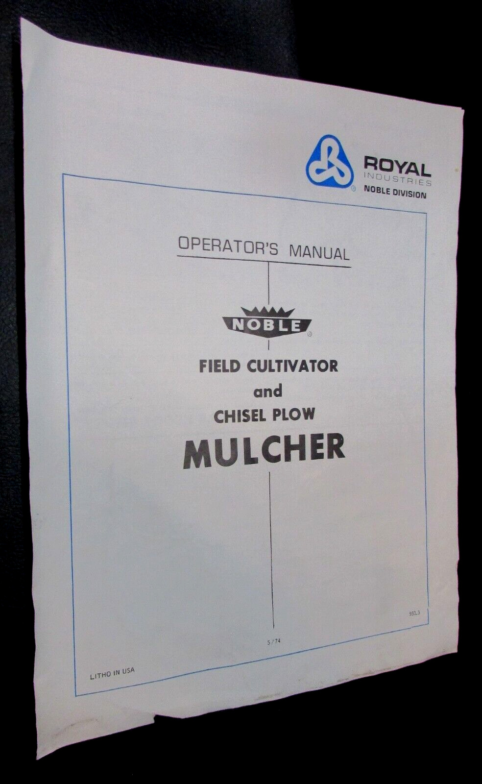 1974 Royal Industries Noble Division Field Cultivator Chisel Plow Mulcher Paper