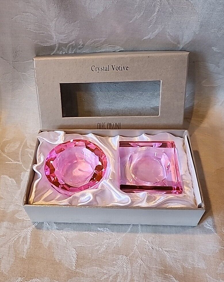 2 Oleg Cassini Crystal Votive Pink Candle Holders Signed Box Set Great Gift Idea