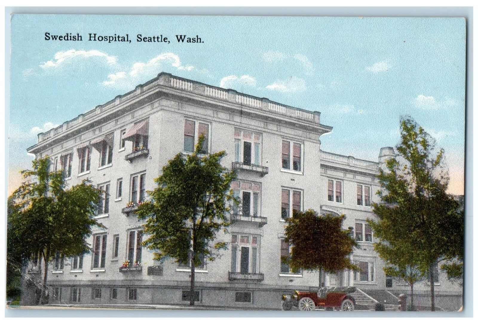 c1910 Swedish Hospital Building Classic Car Trees Seattle Washington WA Postcard