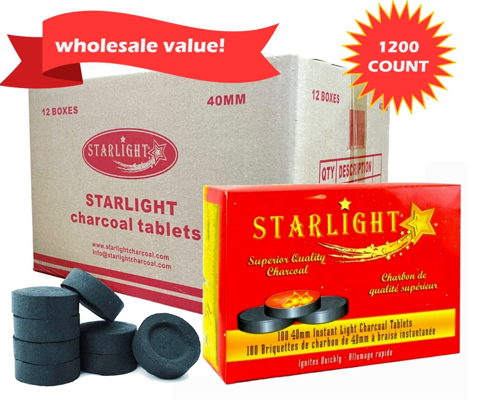 STARLIGHT 40mm Premium Hookah Charcoal Round Incense *Wholesale Value* 1200ct 