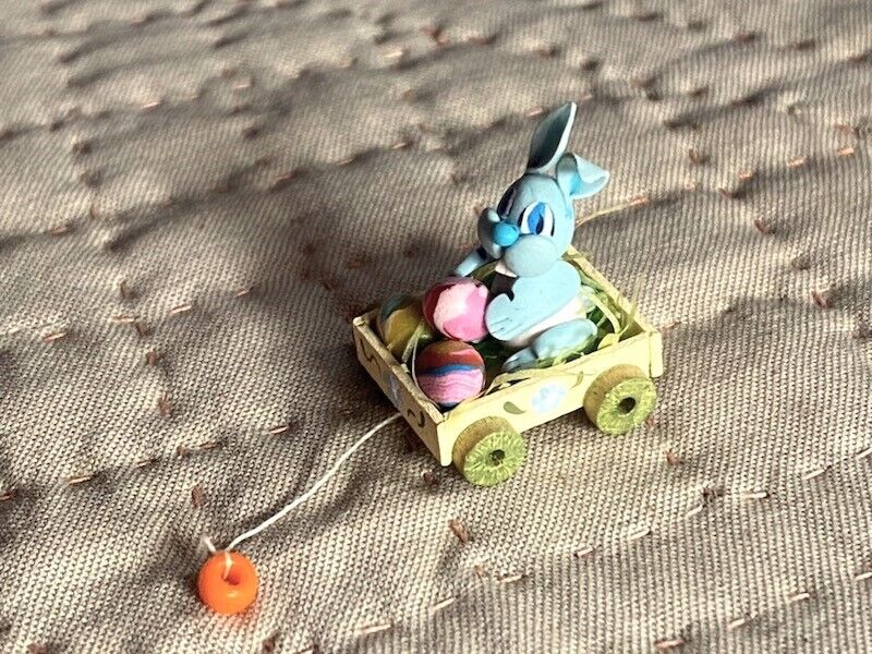 Vintage  1983 ARTISAN CLAY EASTER BUNNY in Wagon with Easter Eggs SIGNED