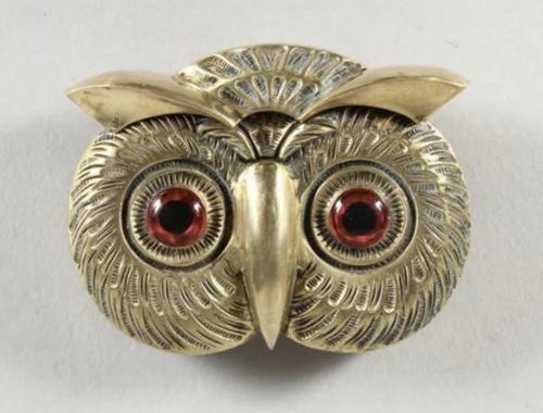 Vintage Brass Owl Vesta Case with Red Large Eyes Flip Lid Jewelry Rare Old 20th