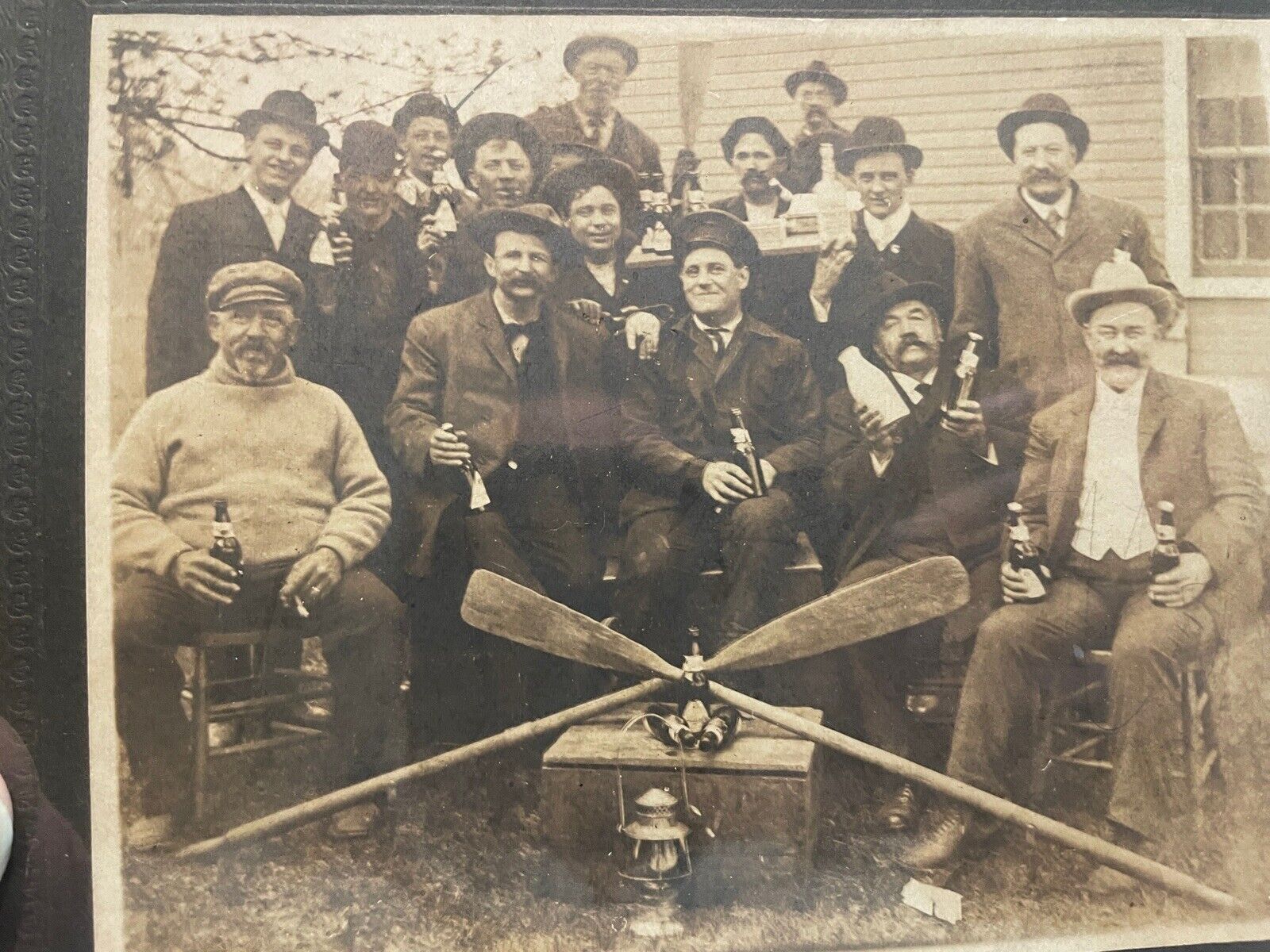 Antique Outdoor Cabinet Card Photo 15 Men’s Rowing Club Drinking holding Beers