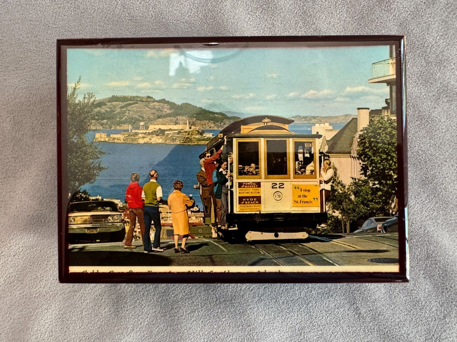 Vintage San Fransico Street Car overlooking Alcatraz Island Music Box