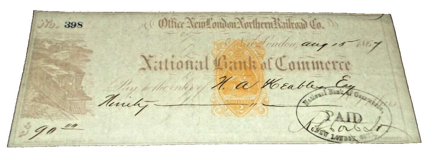 AUGUST 1867 NEW LONDON NORTHERN COMPANY CHECK #398 CENTRAL VERMONT