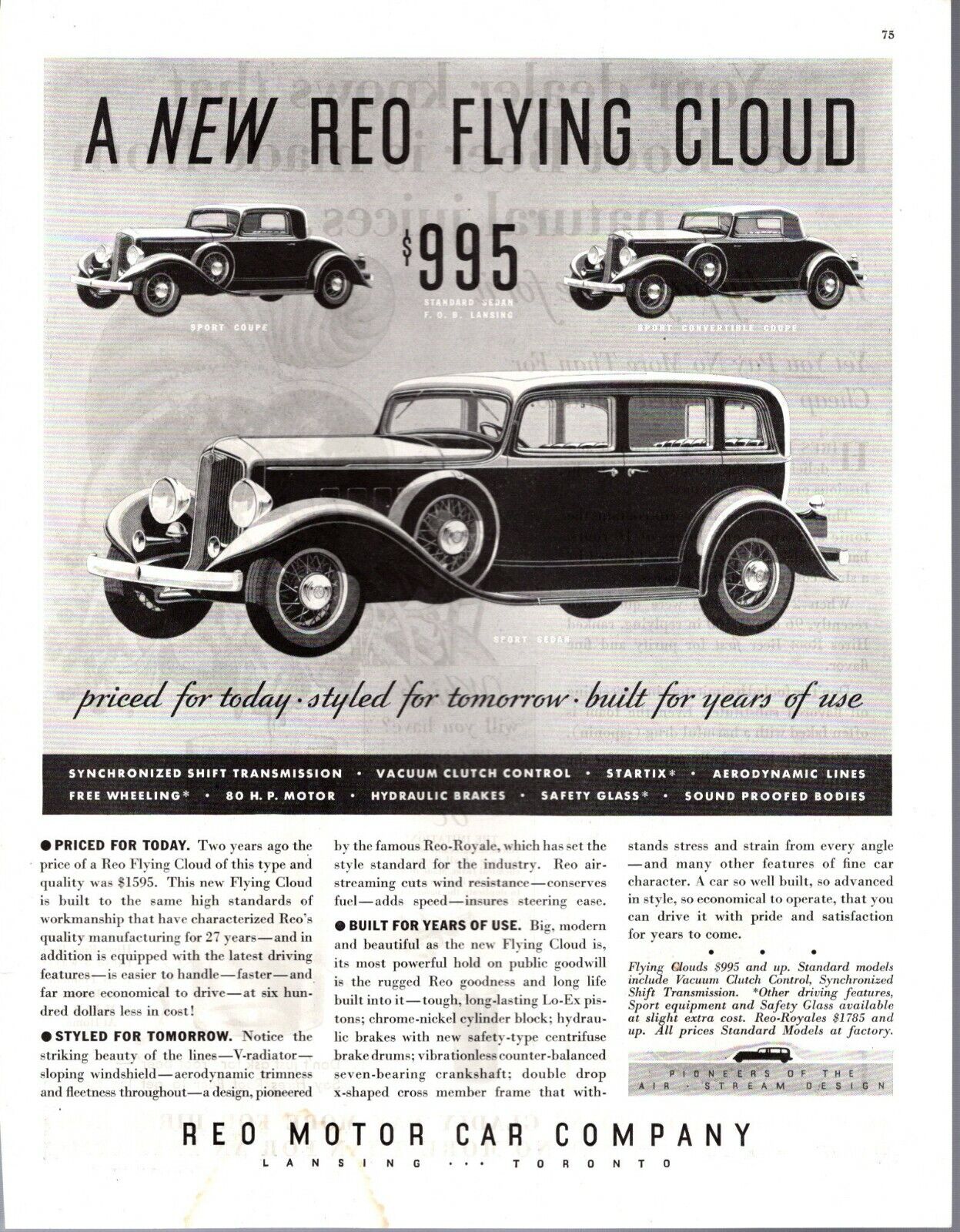 1932 Reo Flying Cloud 3 models Original auto ad -  Extremely rare
