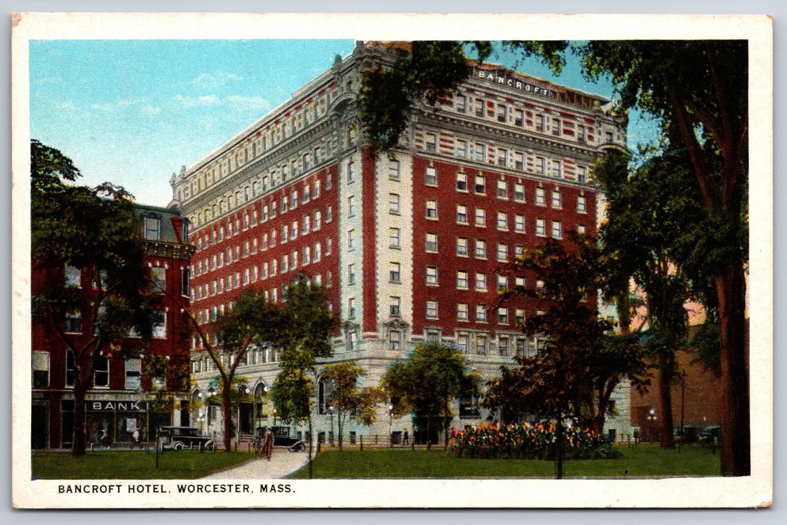 Worchester MA~Downtown Bancroft Hotel~Bank~Park~Vintage Cars~1926 Postcard