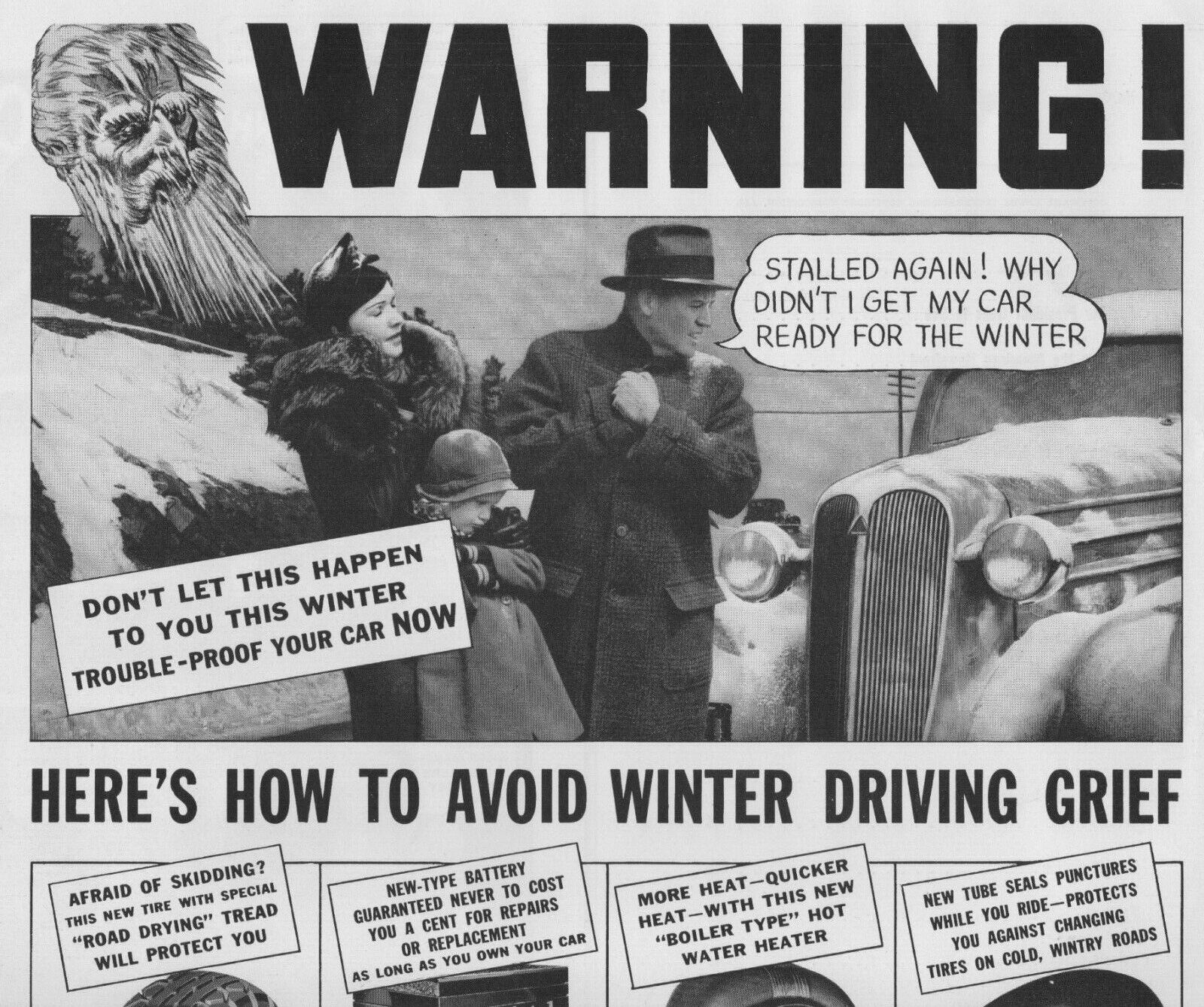 1936 Goodrich Tire Automobile Vintage Print Ad How To Avoid Winter Driving Grief