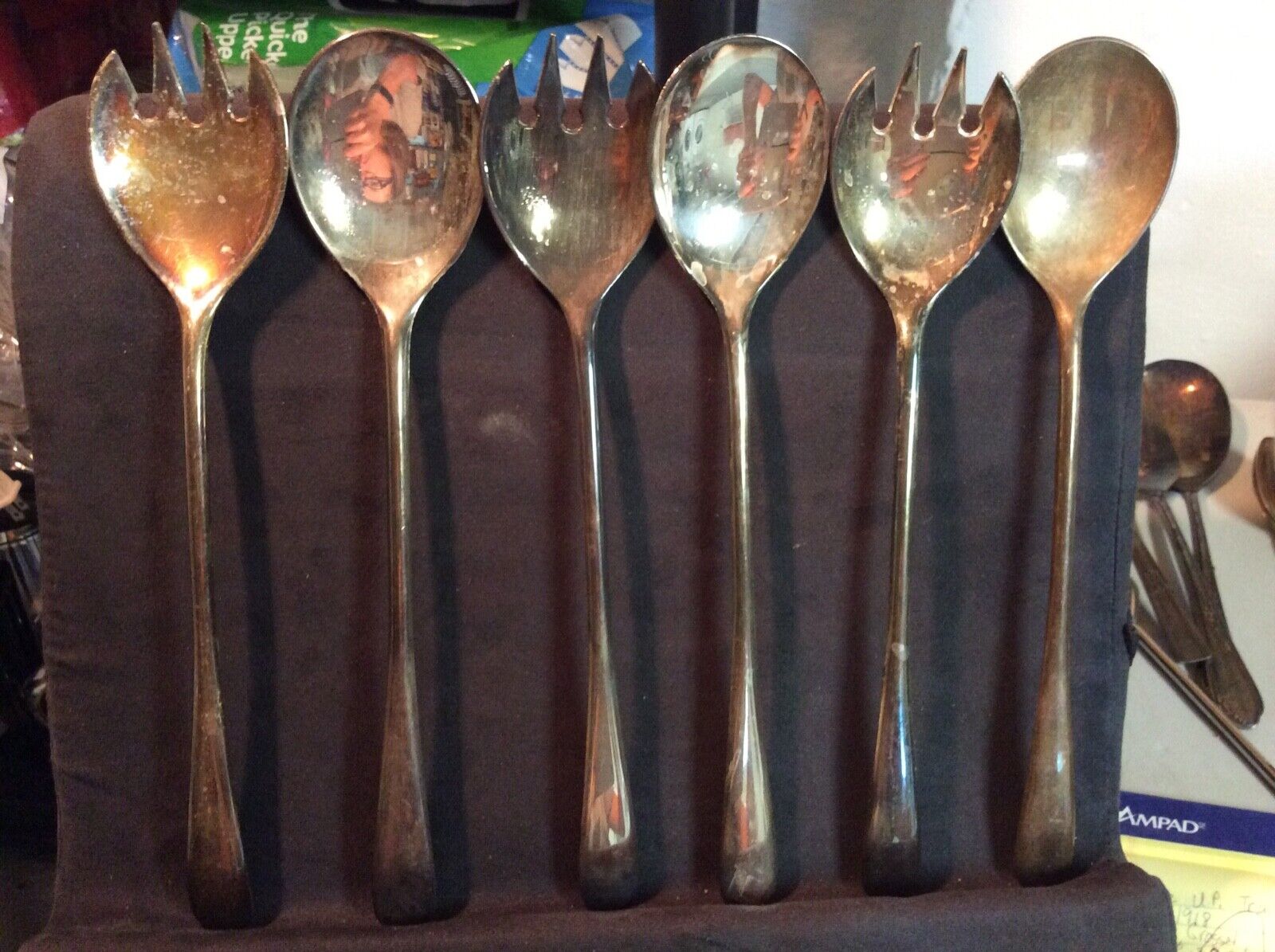 Three sets of vintage silver plated salad fork and spoon serving set.