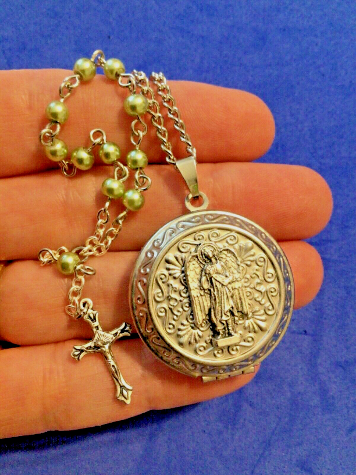 Handmade STAINLESS STEEL Archangel St RAPHAEL Locket Necklace Rosary Saint 1-1/4
