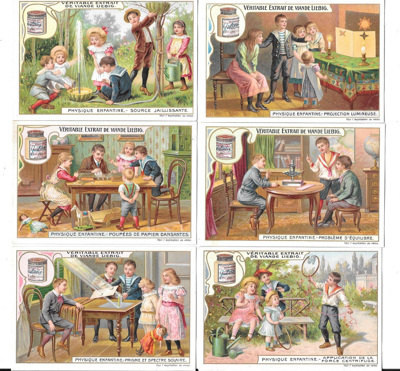 6x LIEBIG TRADE CARDS, CHILDREN EXPERIMENTING AT PHYSICS 1904 (S777 French).