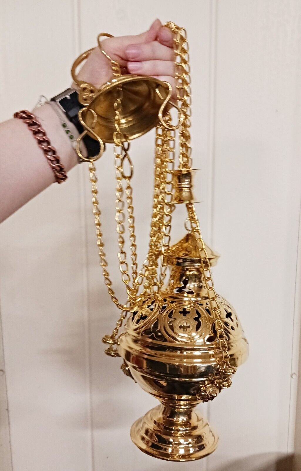 Polished Brass Hanging Incense Burner Orthodox Censer with Boat and Spoon 10 In