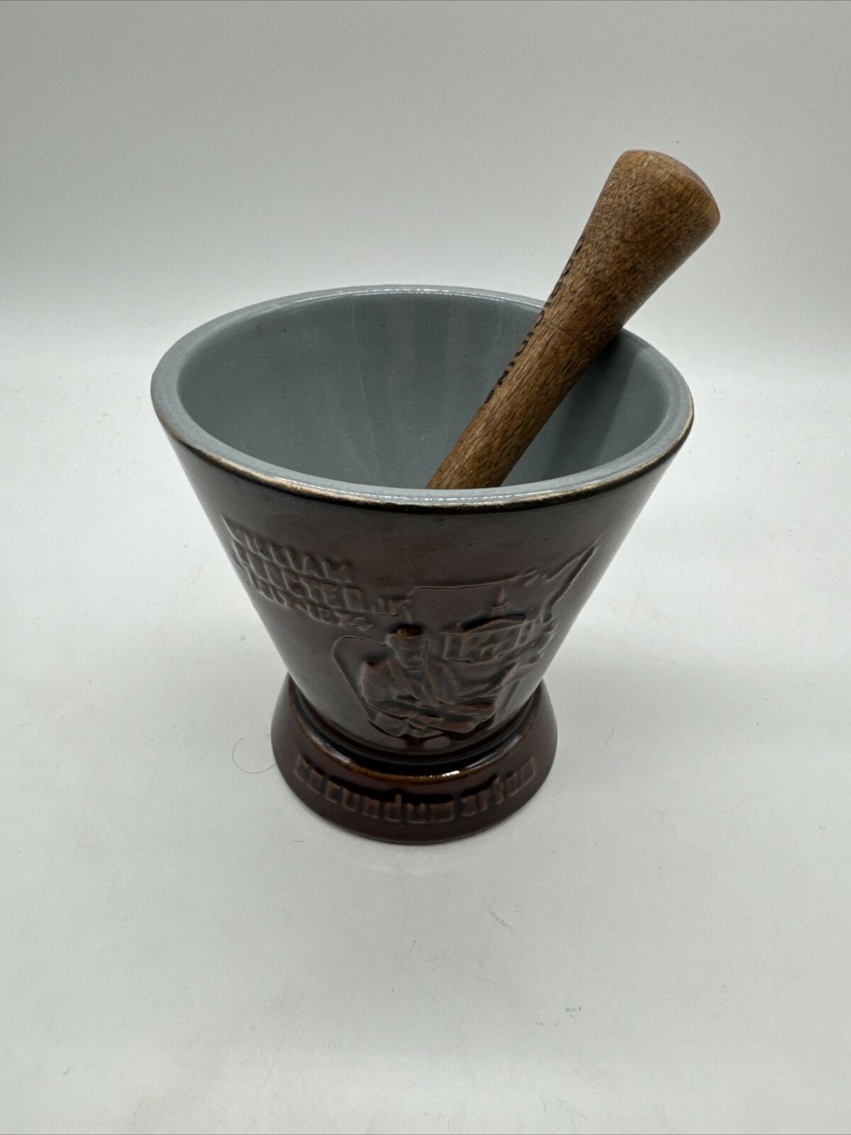 Vintage SCHERING Brown Ceramic Mortar Apothecary Pharmacy RX With Pestle