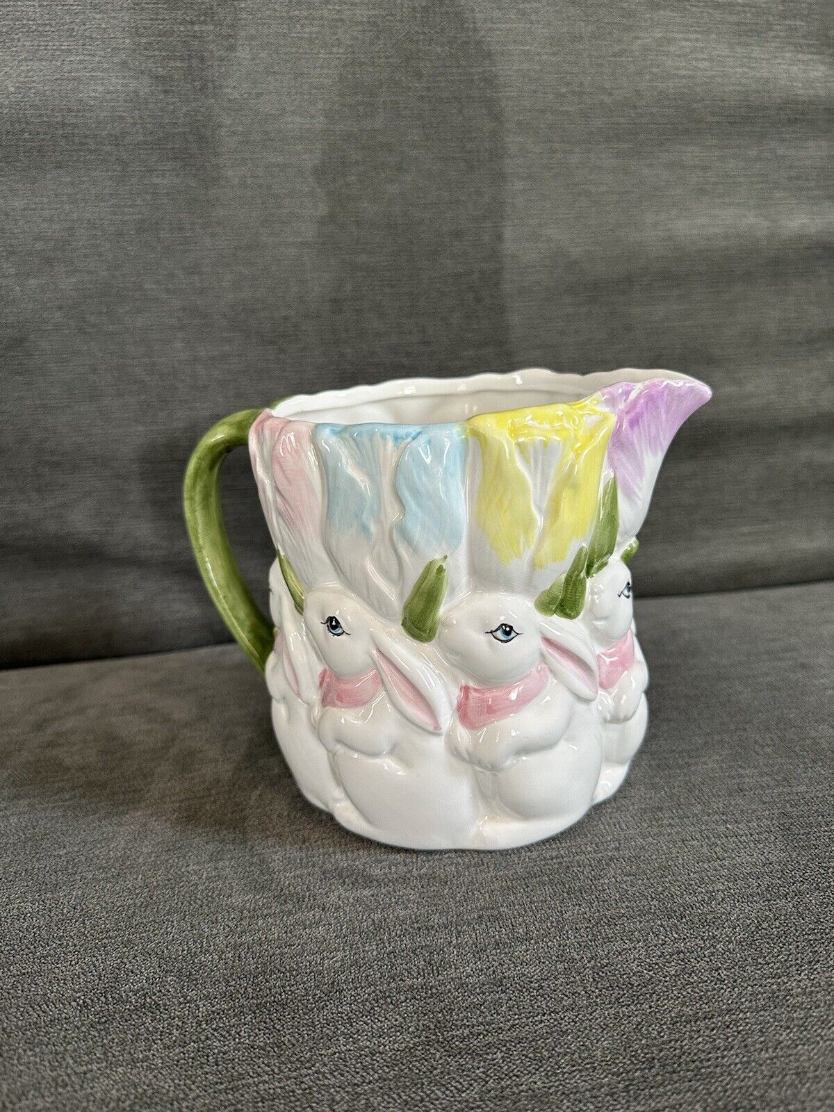 Vintage Ceramic Easter Bunny or Rabbit & Tulips Pitcher, 5.5\