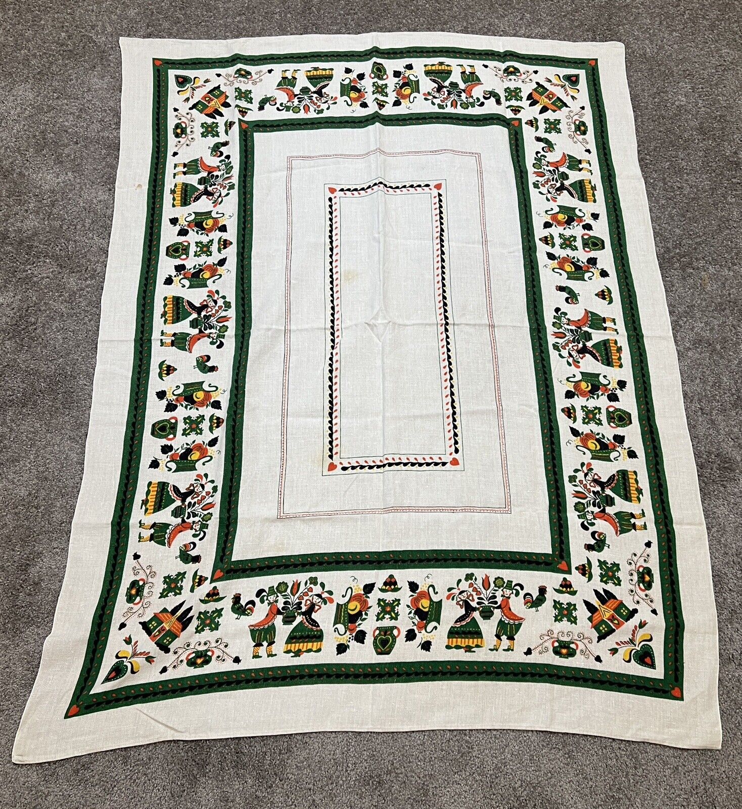 Vintage 1960s Parisian Prints Folk Art Linen Tablecloth Hearts Rectangle 50 X 66