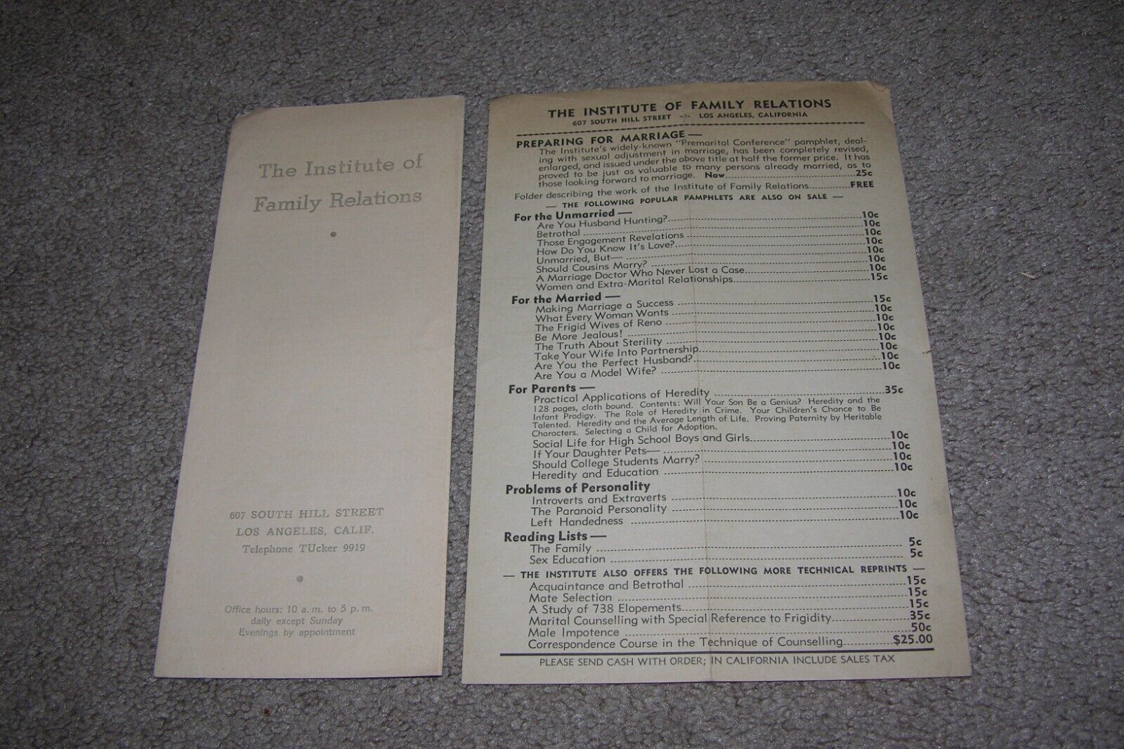 c.1930 Institute of Family Relations List Published Brochures, Eugenics