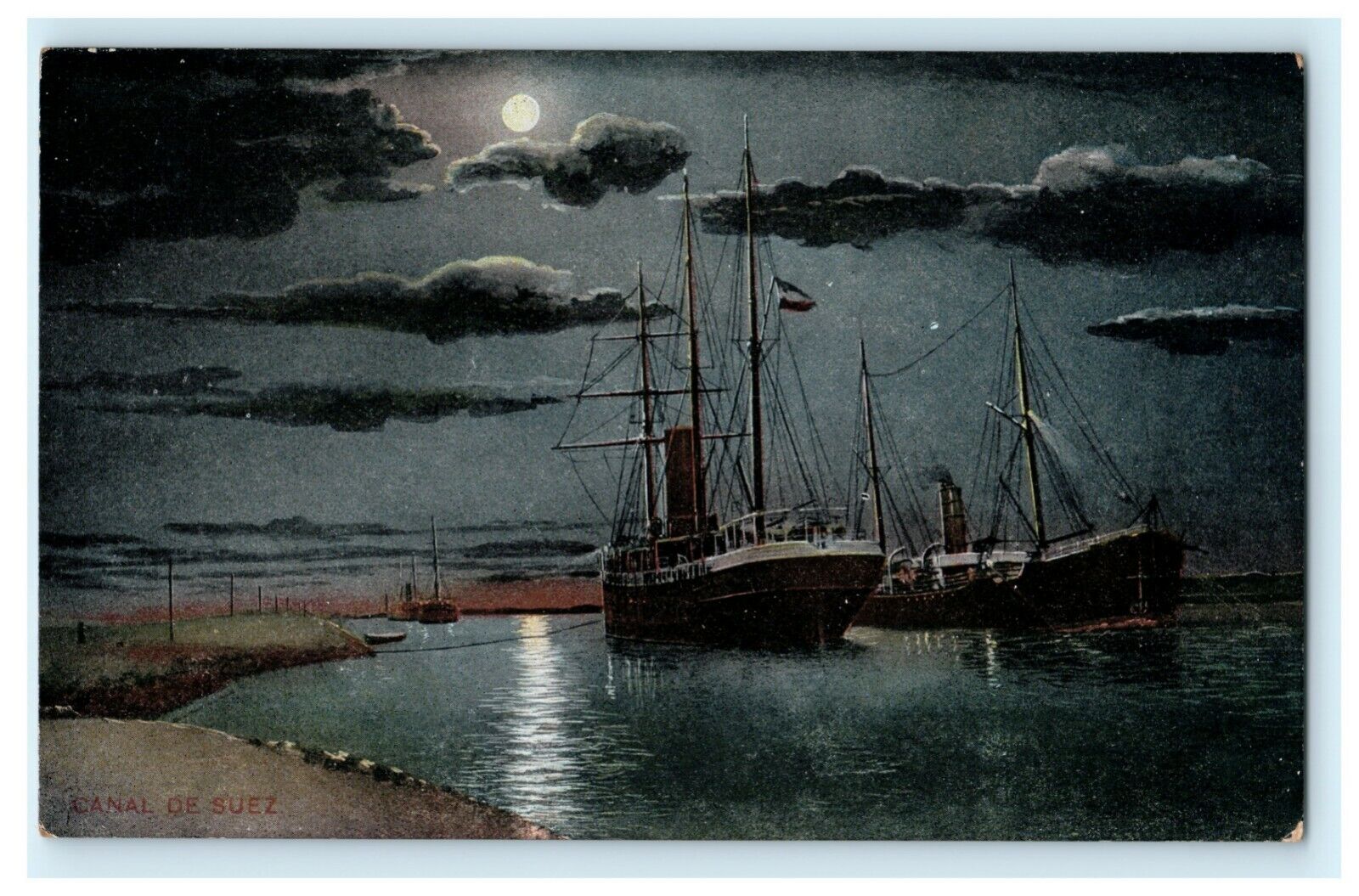 Canal De Suez Night Ships Lichtenstern & Harari Cario Publishing Egypt Postcard