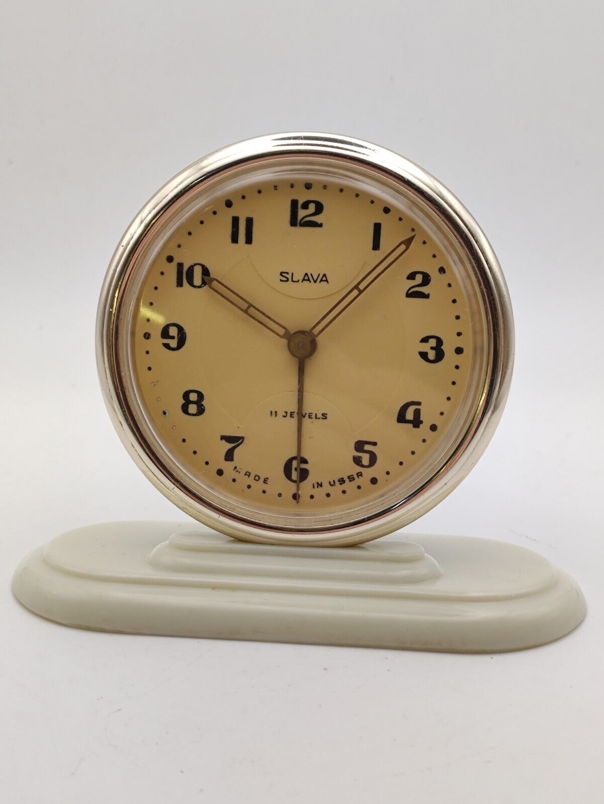Vintage Mechanical Alarm Clock Slava 11 Jewels  USSR Soviet 1960s