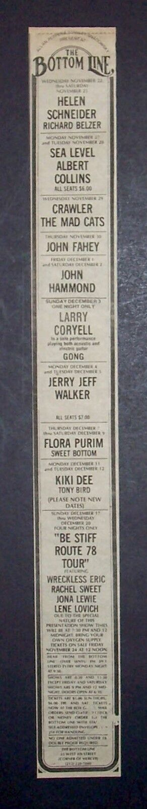 Be Stiff Tour Sea Level Jerry Jeff Walker Bottom Line NYC 1978 Concert Ad
