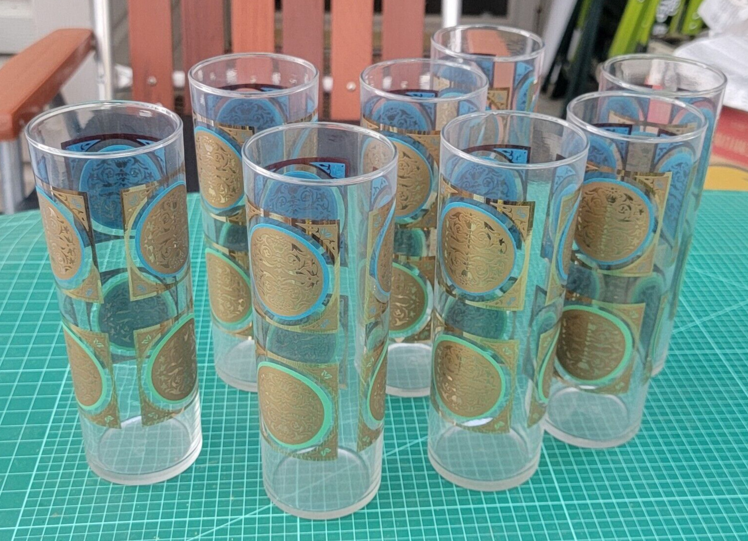 Rare 8 pc Vtg MCM Culver Style Federal Glass Gold & Turquoise Hi Ball glasses 