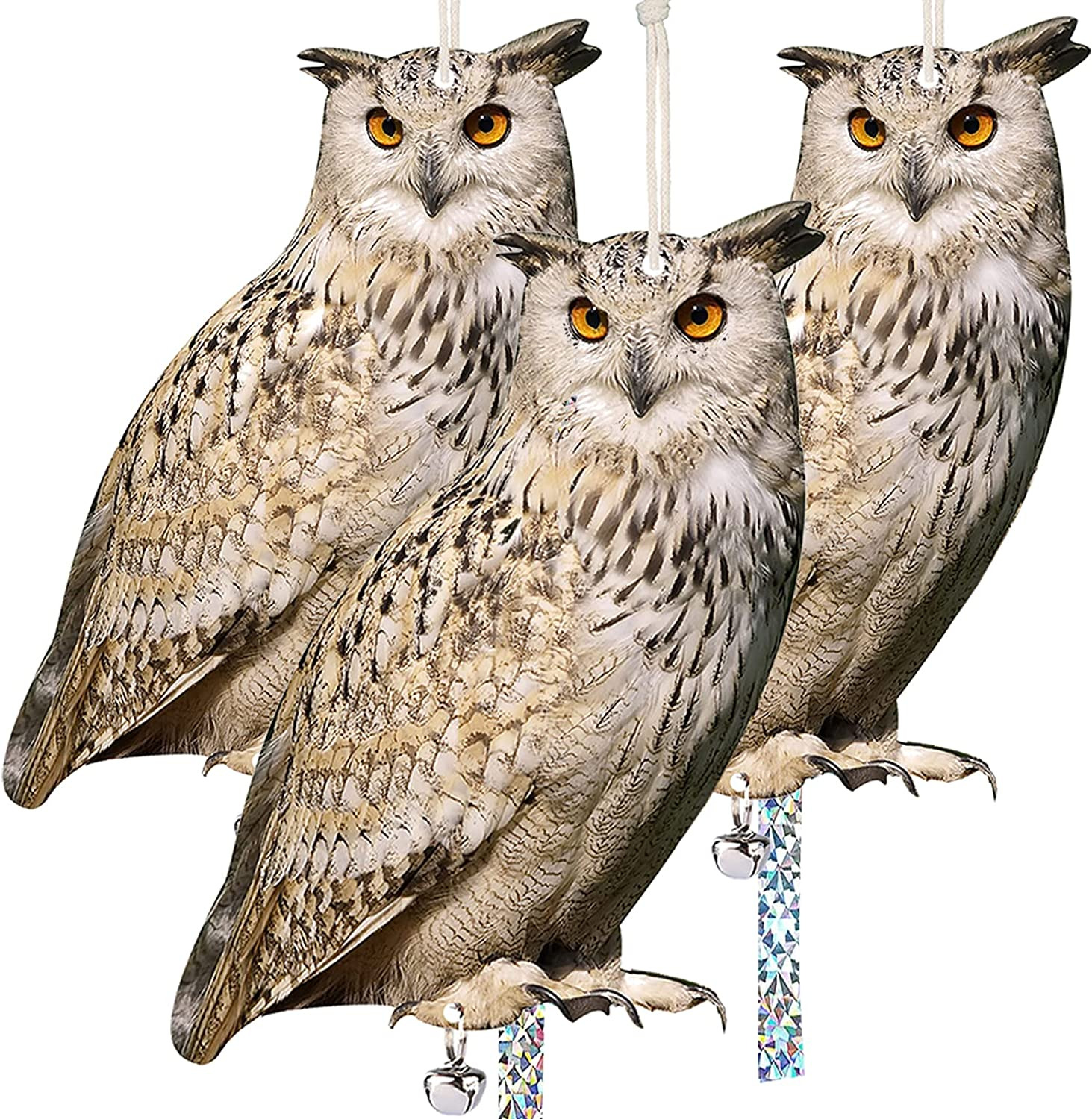 Owl to Keep Birds Away, 3 Pack Bird Scare Owl Fake Owl, Reflective Hanging Bird