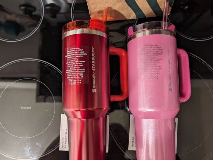 Set of 2 NEW STARBUCKS X STANLEY 2023 PINK and HOLIDAY RED BUNDLE 40oz TUMBLERS