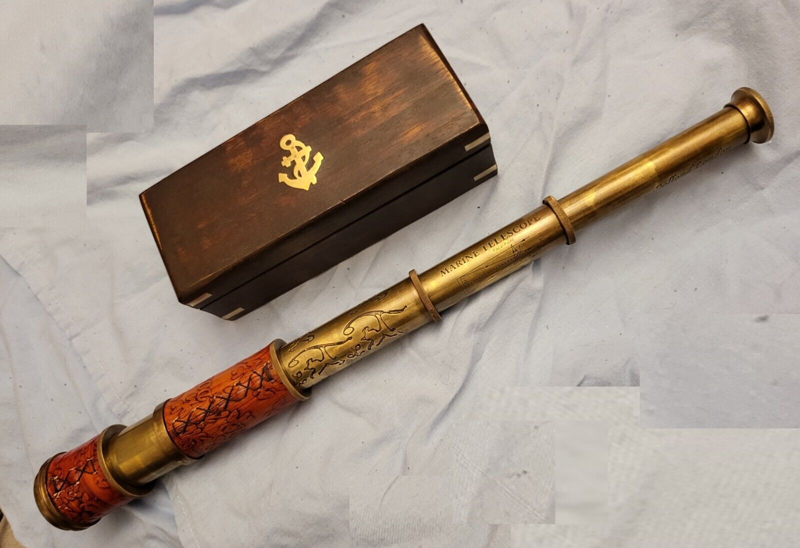 Vintage Telescope Antique Astronomy Space Stars Old Gold Lustre Wooden Box Retro