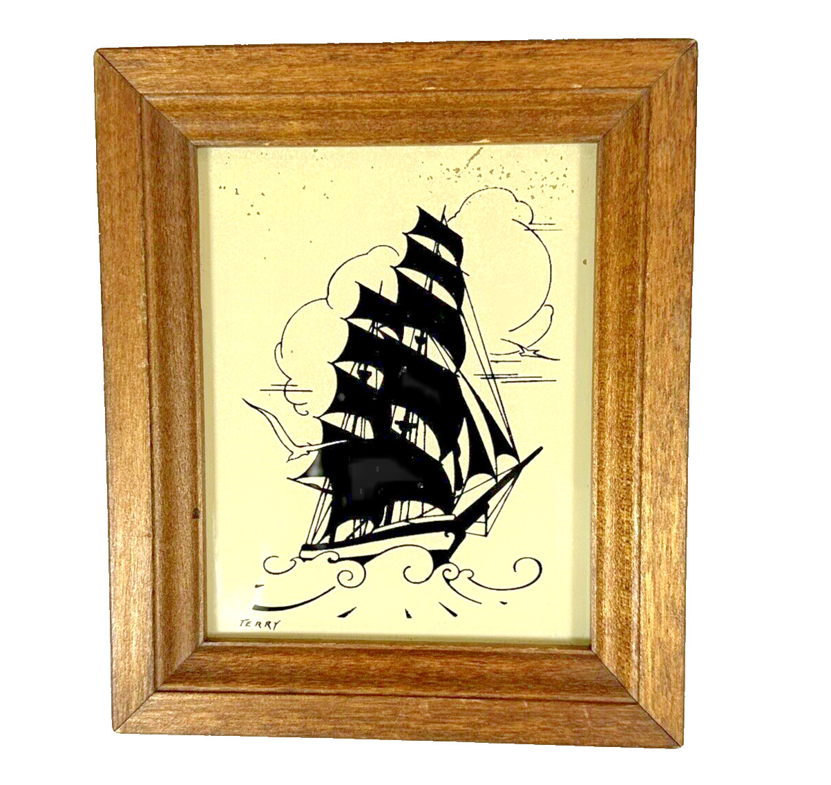 Vintage Reliance Picture Sailing Ship Butterfly Wing Hand Processed on Glass