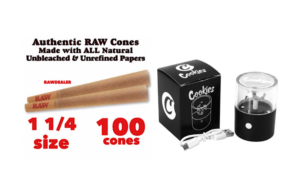 RAW Classic 1 1/4 Size pre rolled Cone(100pk)+rechargeable electric grinder