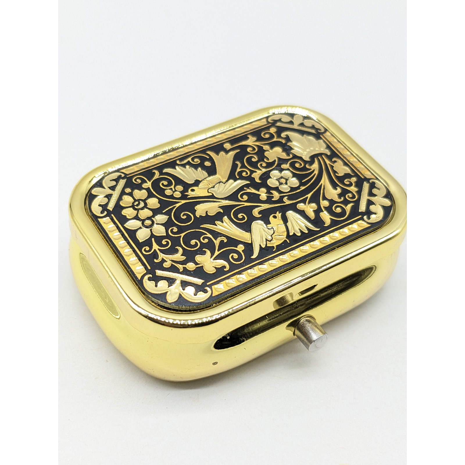 Vintage Damascene Spanish rectangular pill box from Spain 24K Gold & Steel Birds