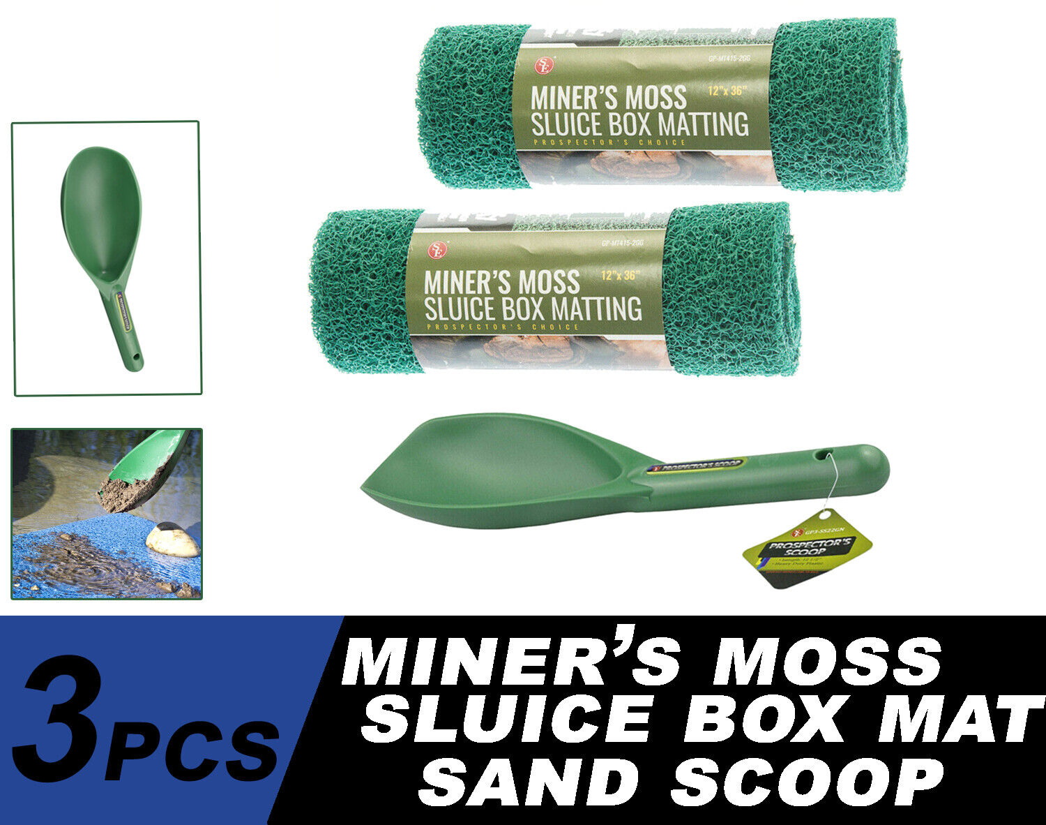 3PC Miner’s Moss 12” x 36” Sluice Box Matting Prospector Sand Scoop Green