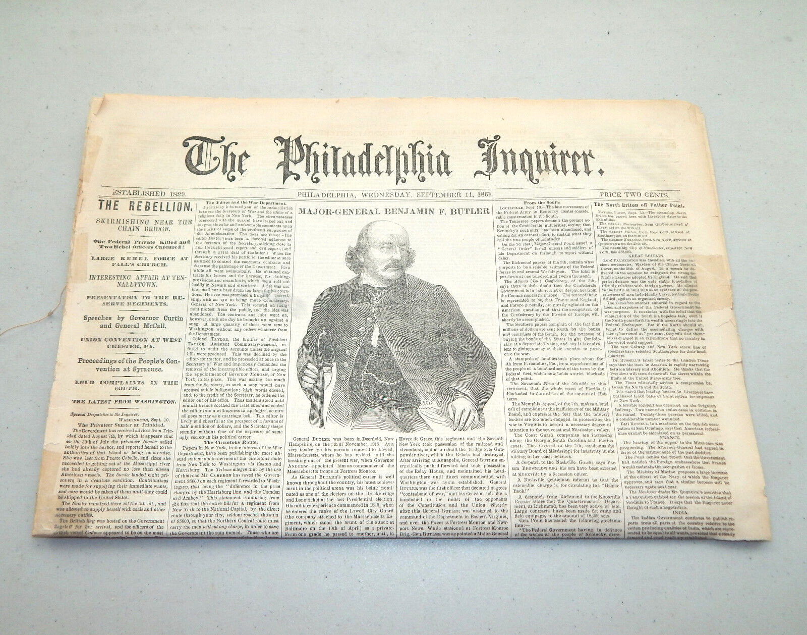 VTG Philadelphia Inquirer September 11, 1861 Civil War Major Benjamin Butler