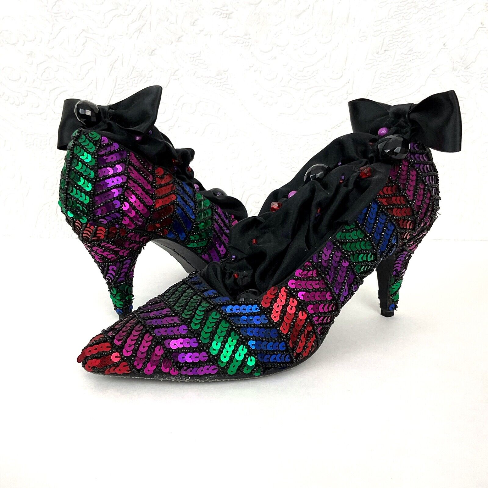 Upcycled decorative multi-colored sequined vintage high heels shelf sitters