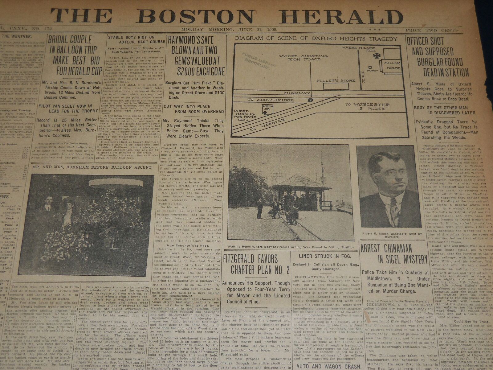 1909 JUNE 21 THE BOSTON HERALD NEWSPAPER - OXFORD HEIGHTS TRAGEDY - BH 372