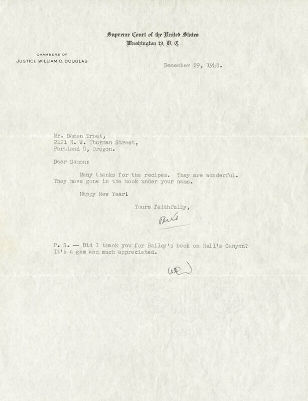 WILLIAM O. DOUGLAS - TYPED LETTER TWICE SIGNED 12/29/1948