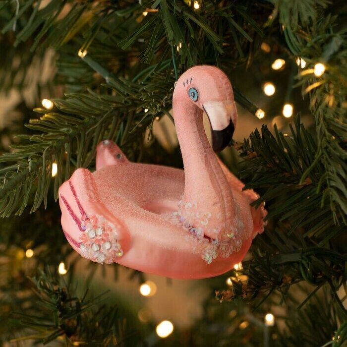 Hand Blown Glass Pink Glitter Flamingo Float Christmas Ornament for tree